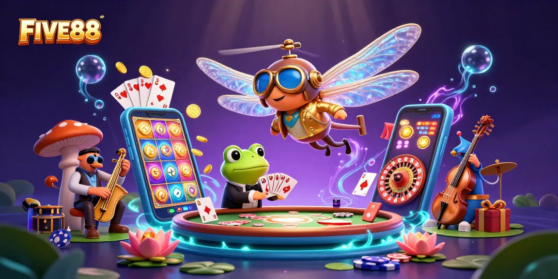 Witness FIVE88's unique casino scene with a vibrant 3D dragonfly pilot, frog croupier, and jazz cricket musicians.