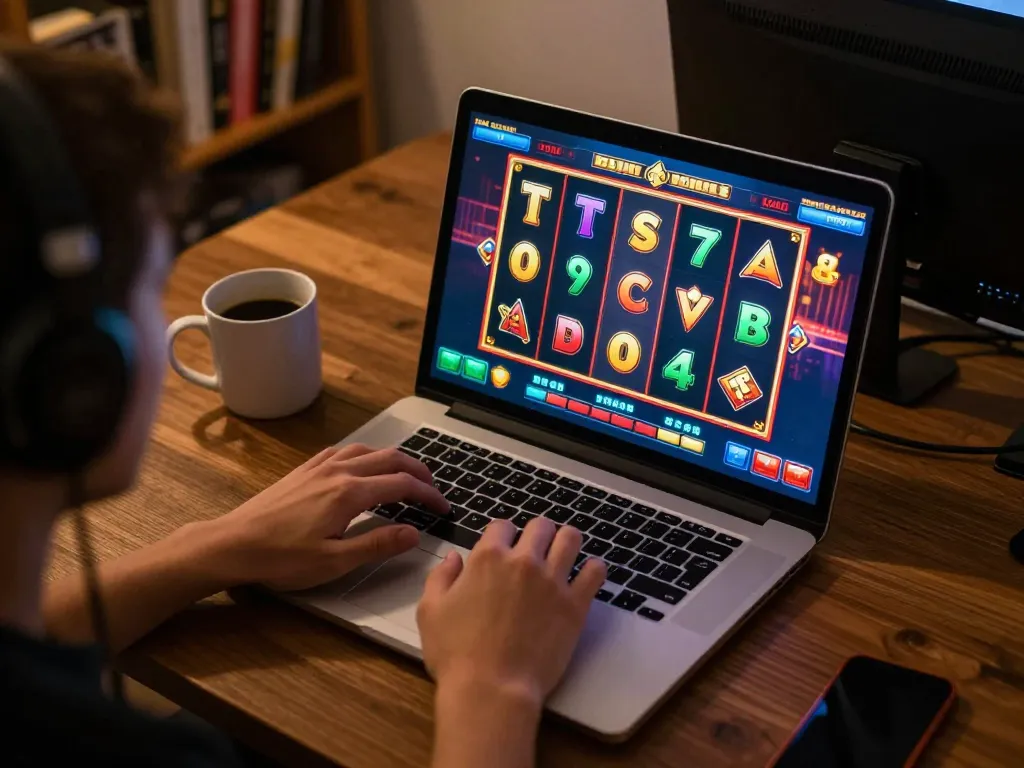 Engaging with 888vi online slots, user celebrates a winning spin at home with modern laptop setup.