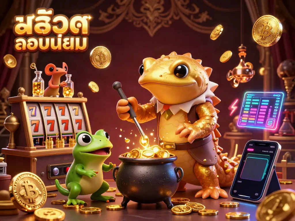 Engage with สล็อตยอดนิยม featuring a golden salamander alchemist and dazzling slot machine elements.