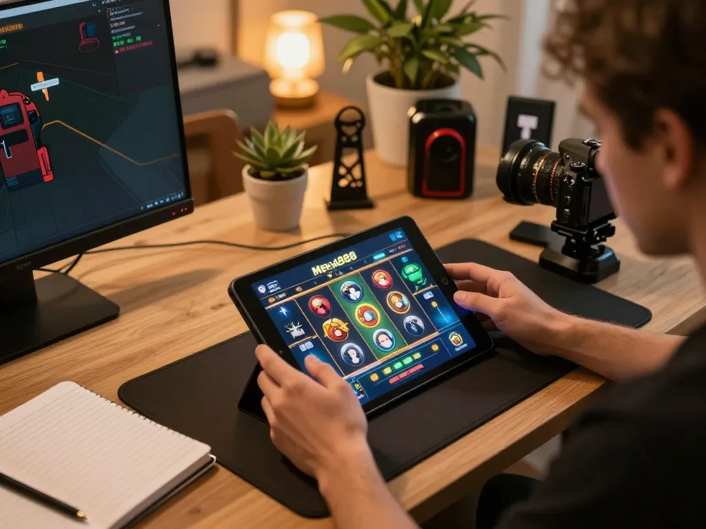 Mega888 apk display on tablet screen while analyzing gameplay strategies in a cozy home gaming setup