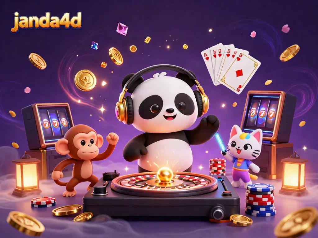 Gambarkan janda4d dengan DJ panda dan karakter lain di kasino bersama koin emas dan efek visual