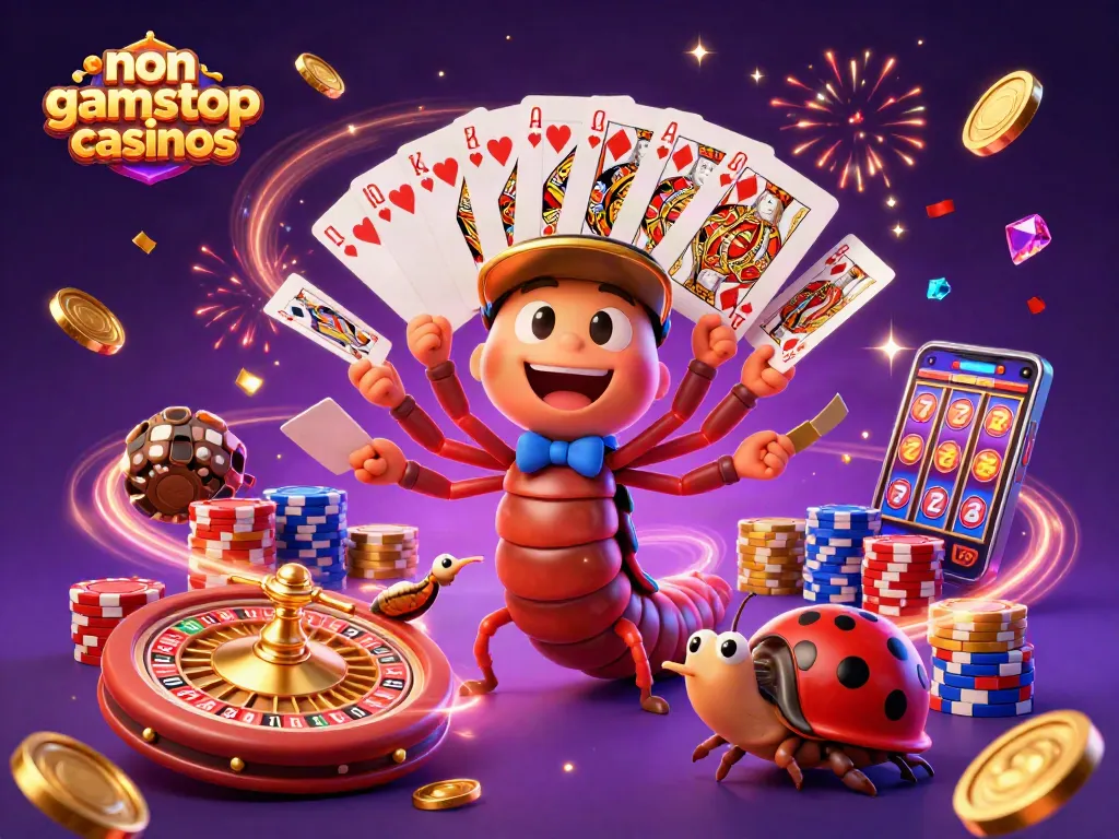 Engage with non gamstop casinos through an exciting scene of animated dealers and vibrant casino elements.