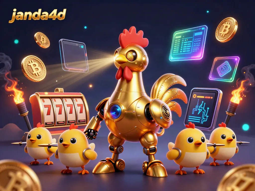 Menyimak keseruan permainan janda4d dengan robot ayam emas dan elemen jackpot dalam suasana digital yang menakjubkan.