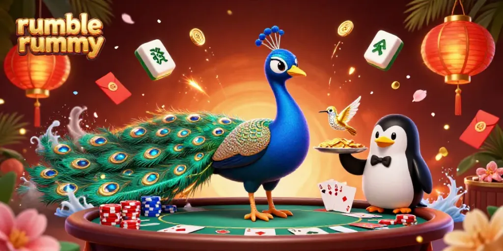 Play exciting rumble rummy with vibrant character action and casino-themed glamour in this dynamic scene.