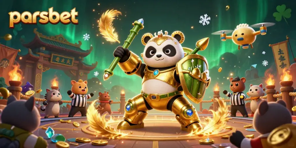 parsbet kumar rehberi için hazırlanmış 3D çizim, mekik kostüm panda ve dövüş robotu ile animasyonlu sahne.
