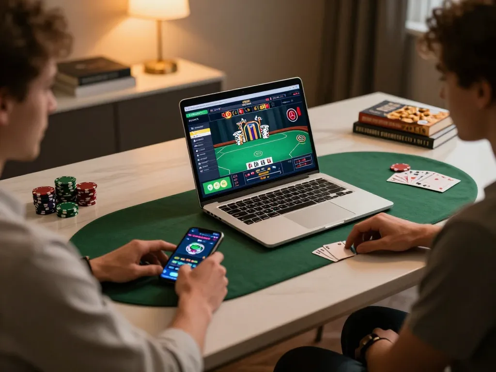 Engaged user playing poker on 98win with laptop and smartphone in modern home office setting