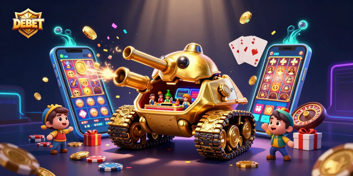 Engage in DEBET's vibrant casino experience with a golden beetle tank and slot games.