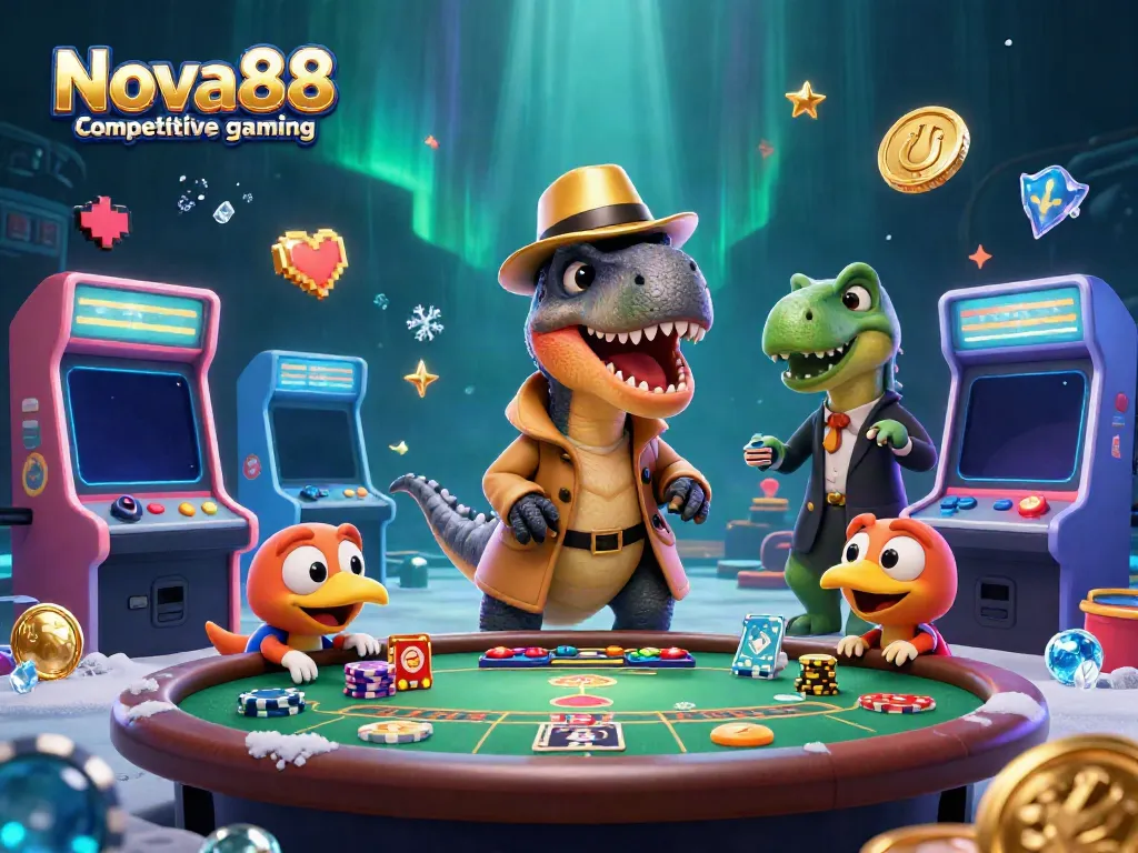 Nova88 competitive gaming scene with cartoon velociraptor at a blackjack table, vibrant casino atmosphere.