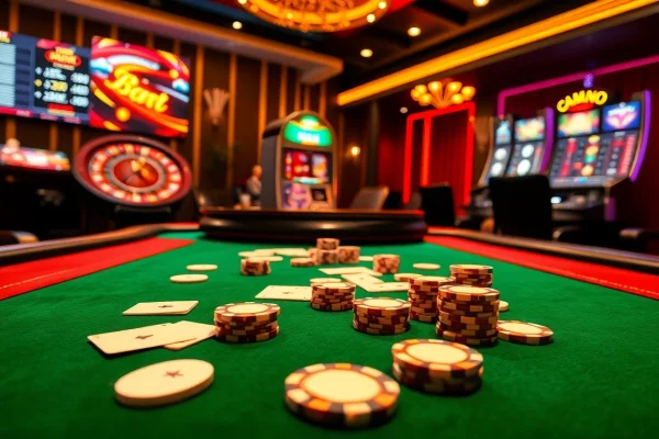 Experience the luxury of gambling at http://bem88x.com/ with a stylish poker table showcasing vibrant chips and cards.