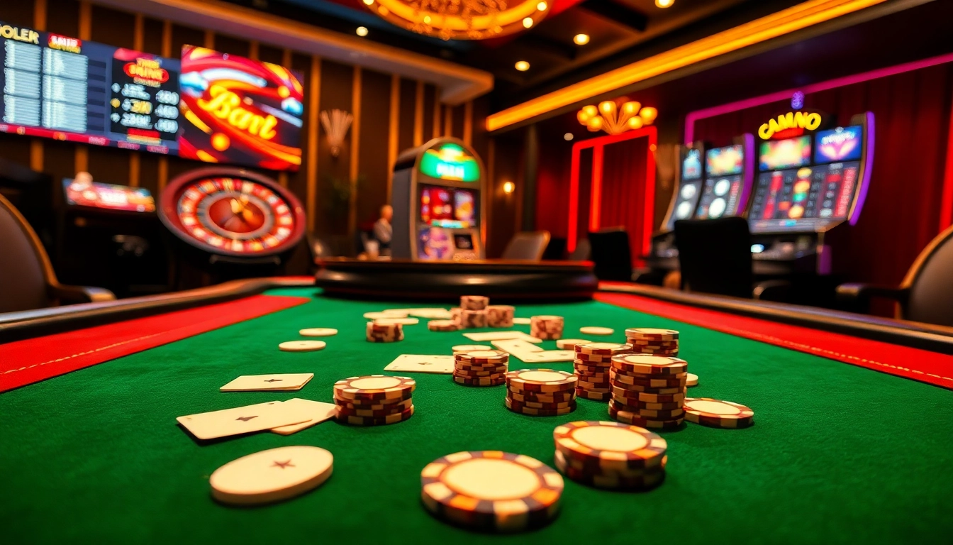Experience the luxury of gambling at http://bem88x.com/ with a stylish poker table showcasing vibrant chips and cards.