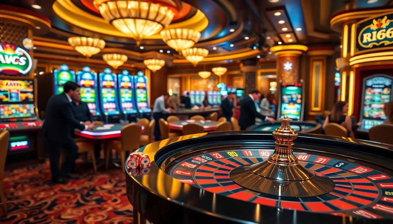 Players engaged in a thrilling game at RR 88 casino with roulette tables and vibrant slot machines.