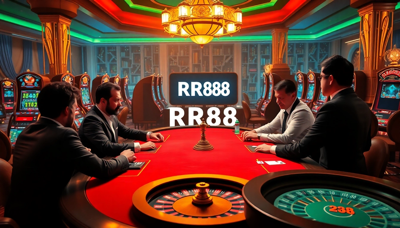 Experience the thrilling atmosphere of RR88 with professional gamblers at a high-stakes poker table.
