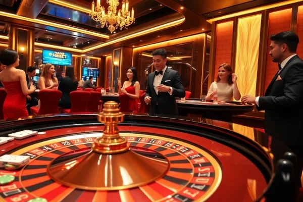 Exciting gambling scene featuring roulette and poker, representing TRANG CHỦ HBBET's luxurious online casino.