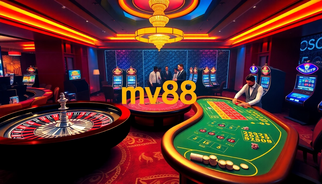 Exciting casino gameplay at mv88 with roulette, poker, and vibrant slot machines.