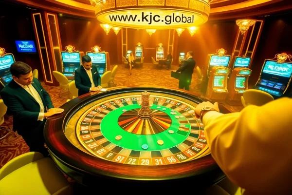 Experience thrilling gameplay at www.kjc.global with poker chips and roulette wheels in a luxurious casino.