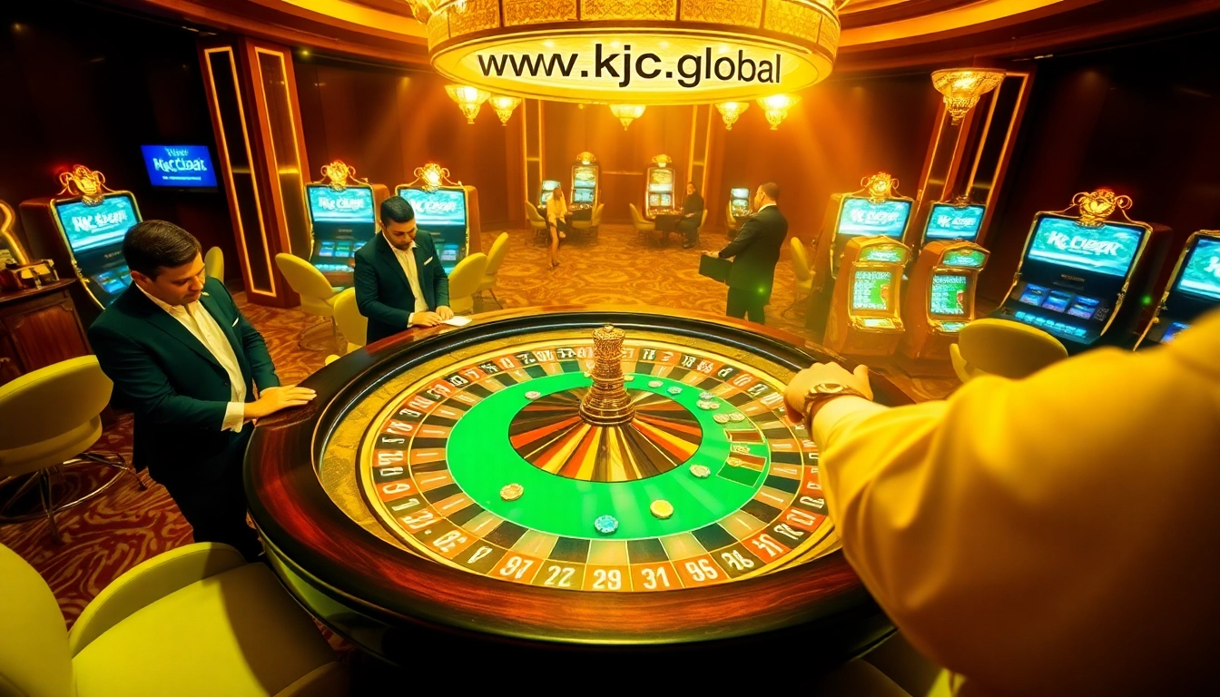 Experience thrilling gameplay at www.kjc.global with poker chips and roulette wheels in a luxurious casino.