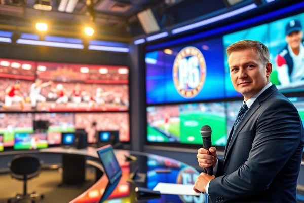 Dynamic sports broadcasting studio showcasing live events with an engaging anchor.