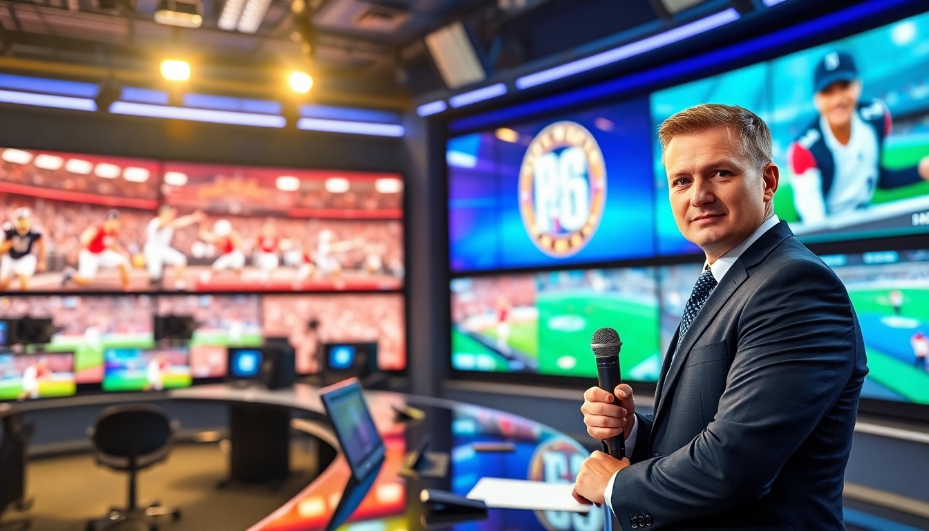 Dynamic sports broadcasting studio showcasing live events with an engaging anchor.