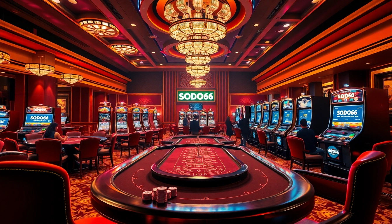 SODO66 casino atmosphere with vibrant gaming tables and excited players engaging in online betting.