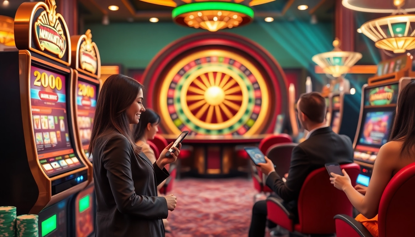 Experience thrilling online gaming at AMANAHTOTO with colorful slot machines and poker chips.