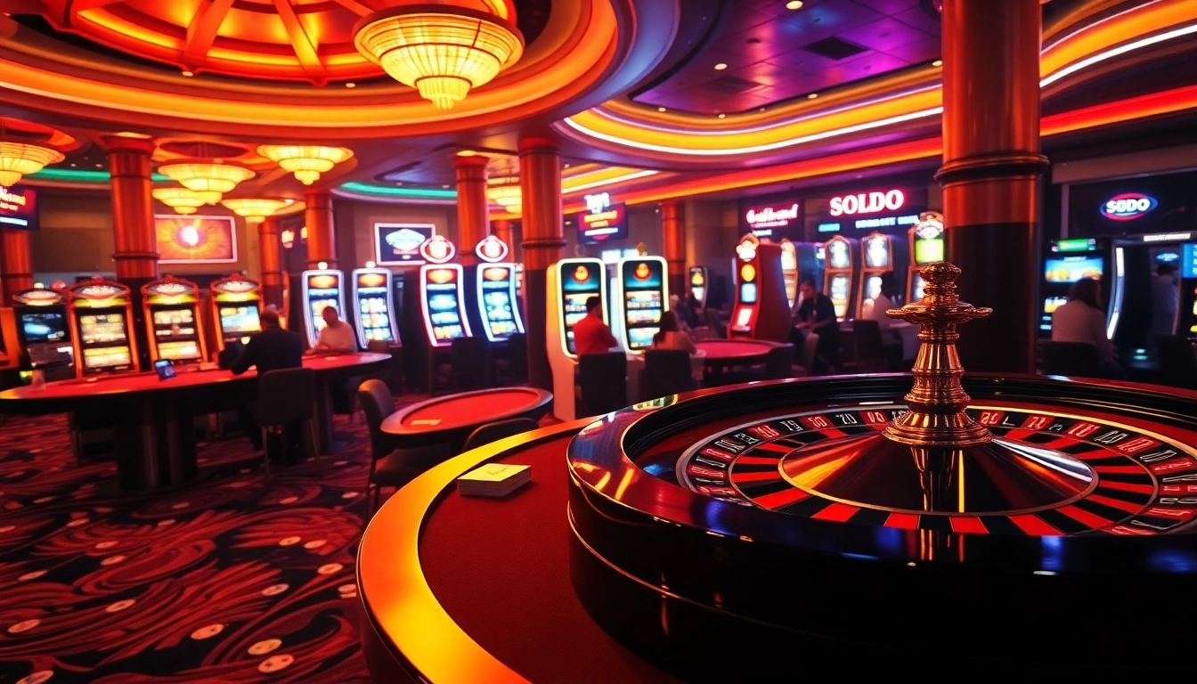 SODO themed casino scene showcasing poker tables, roulette wheels, and lively players.