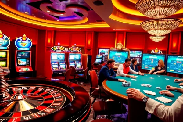 A lively casino scene featuring engaged players and gaming visuals from http://febet7.club/ with roulette and poker action.