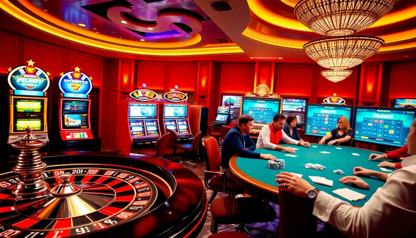 A lively casino scene featuring engaged players and gaming visuals from http://febet7.club/ with roulette and poker action.