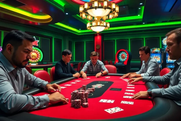 Exciting gameplay at a TRANG GAME B8 poker table with vibrant chips and cards.