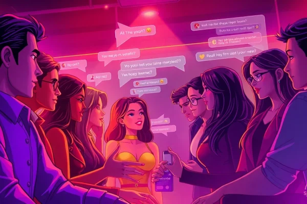 Engaging spicychat interaction, featuring vibrant characters and cozy atmosphere, illustrating adult AI roleplay conversations.