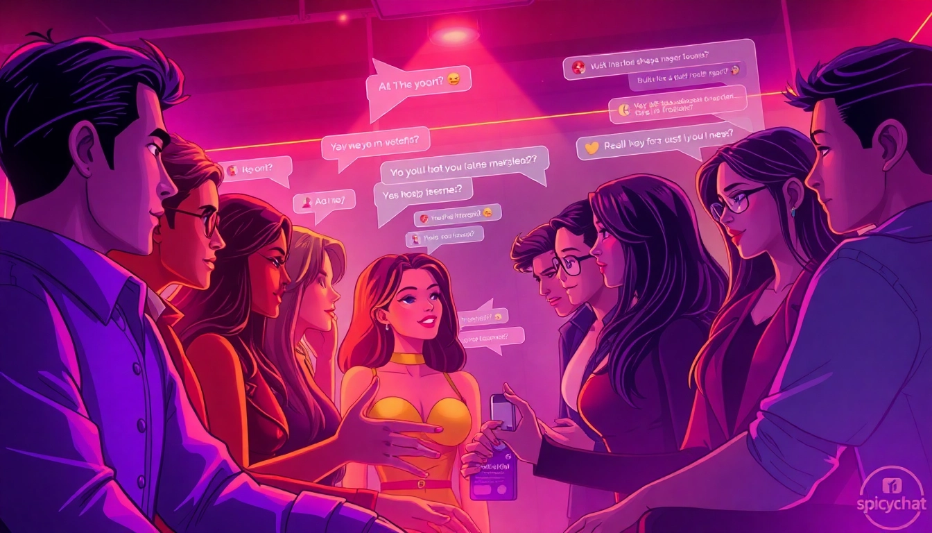 Engaging spicychat interaction, featuring vibrant characters and cozy atmosphere, illustrating adult AI roleplay conversations.
