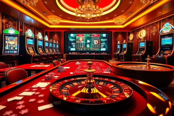Engaging scene depicting the vibrant online gambling atmosphere of nhà cái rr88 with lively casino elements and a modern interface.