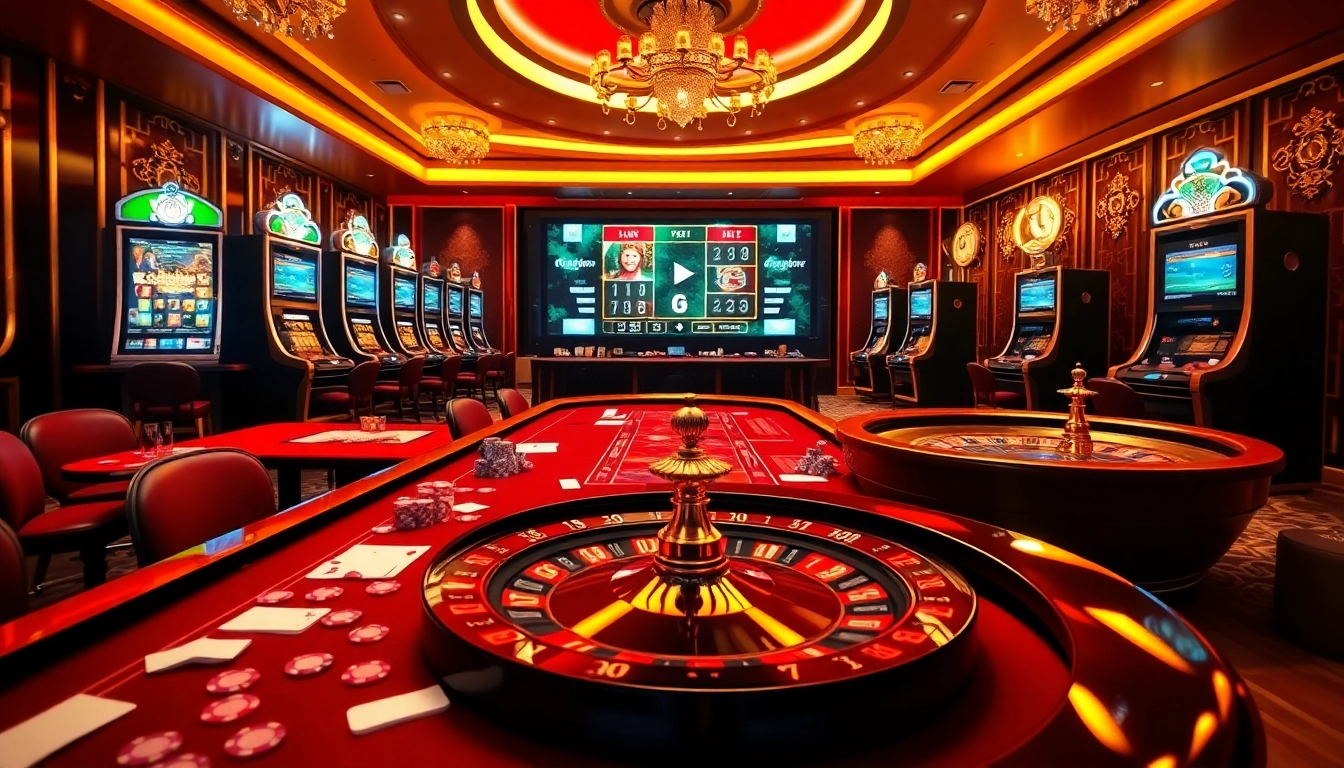 Engaging scene depicting the vibrant online gambling atmosphere of nhà cái rr88 with lively casino elements and a modern interface.
