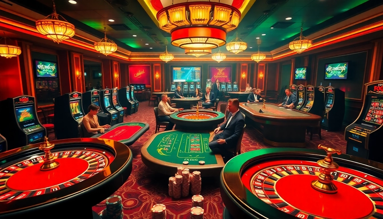 Players enjoying high-stakes games at open88.mobi casino, featuring vibrant slot machines and poker tables.