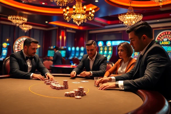 Intense poker game showcasing UU88 atmosphere with glamorous casino decor and high-stakes play.