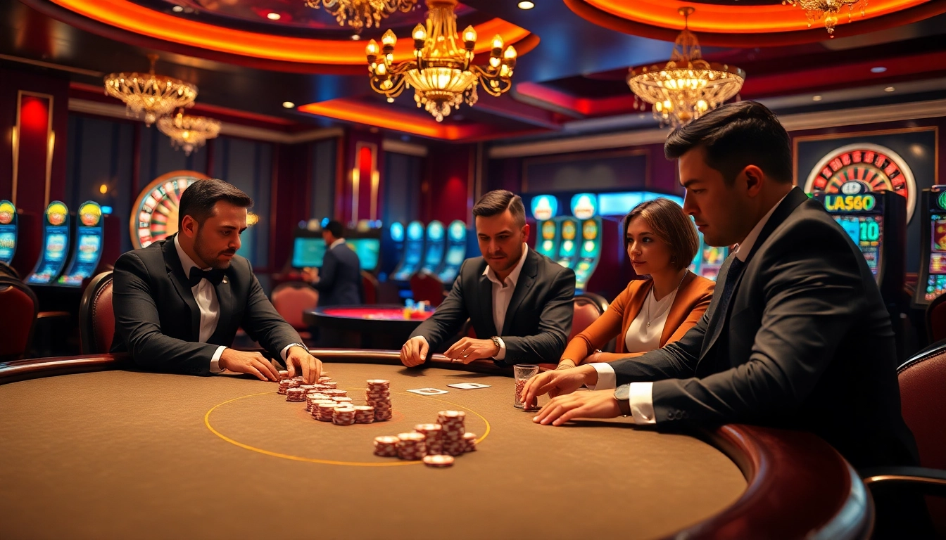 Intense poker game showcasing UU88 atmosphere with glamorous casino decor and high-stakes play.