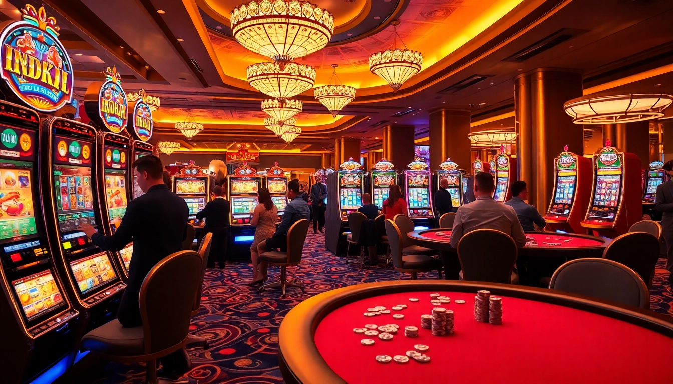 Play idn slot at a vibrant casino featuring exciting slot machines and eager players.