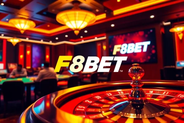 Experience thrilling gameplay at F8BET's luxurious poker table, surrounded by vibrant casino elements.