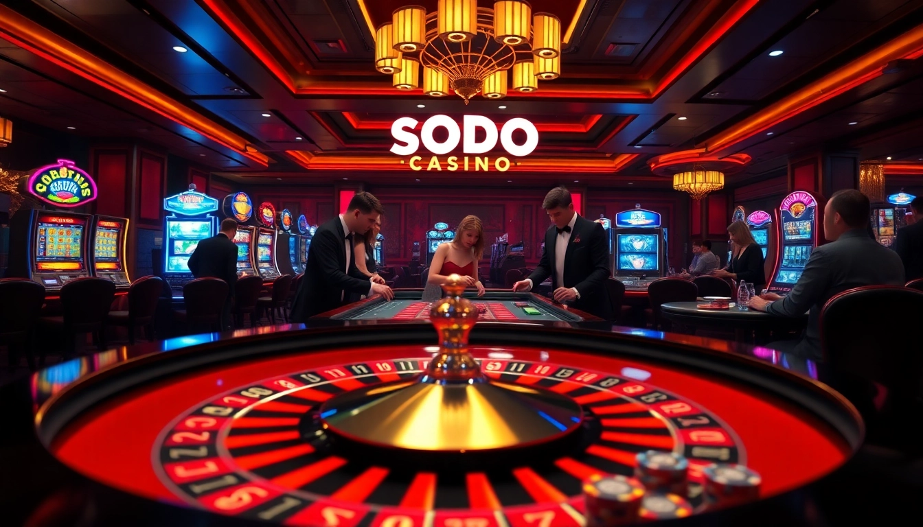 Casual and professional players enjoying games at SODO CASINO with poker chips and roulette wheel.