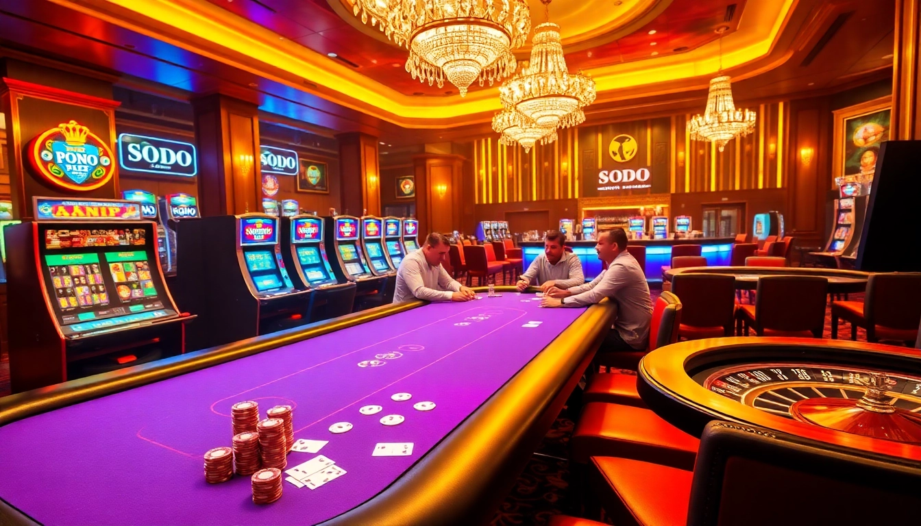 SODO Casino showcases players enjoying poker in a vibrant, luxurious gaming atmosphere.
