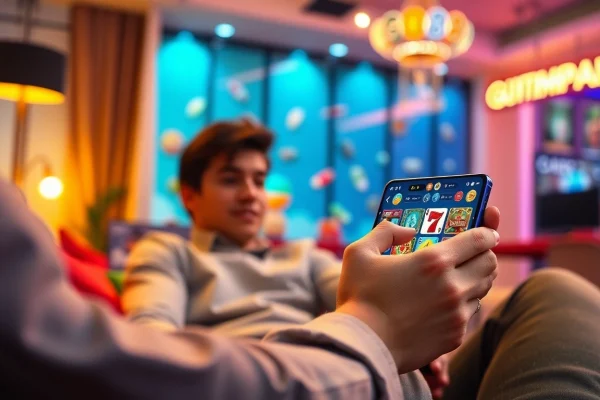 Tải GO88 gaming app interface with a user enjoying vibrant online gaming.