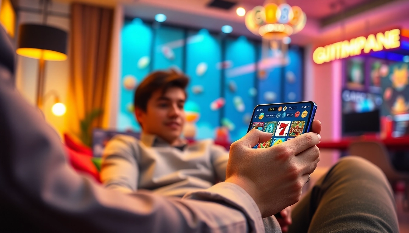 Tải GO88 gaming app interface with a user enjoying vibrant online gaming.