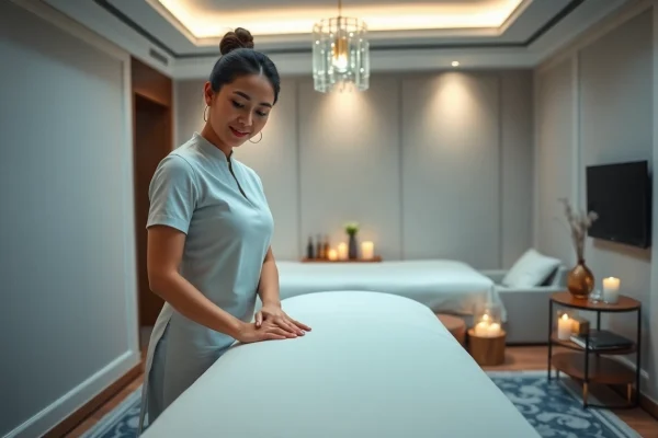 Relaxing scene of a 수원출장마사지 setup in a hotel room with a professional therapist.