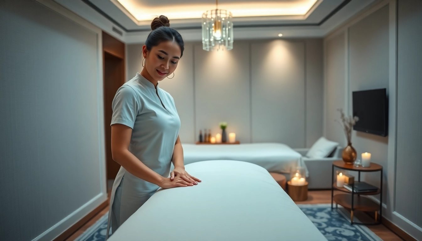 Relaxing scene of a 수원출장마사지 setup in a hotel room with a professional therapist.