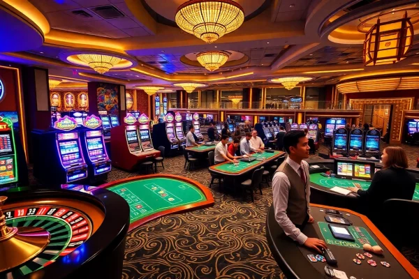 Engaging in sbobet login at a luxurious casino, with lively roulette wheels and slot machines.