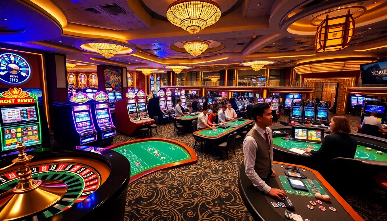 Engaging in sbobet login at a luxurious casino, with lively roulette wheels and slot machines.