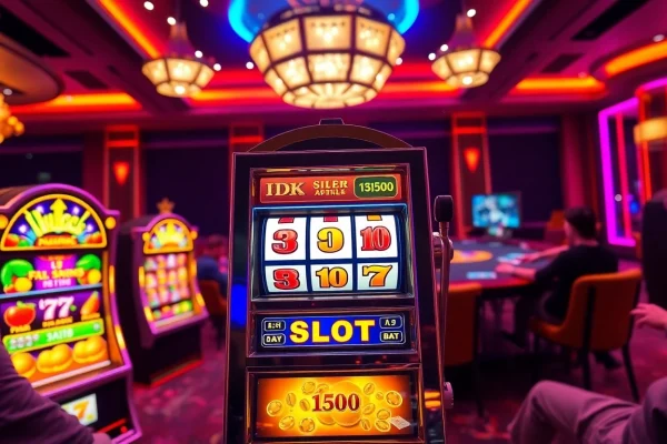 Experience the thrill of IDN Slot with a vibrant casino scene featuring a colorful slot machine and poker table.