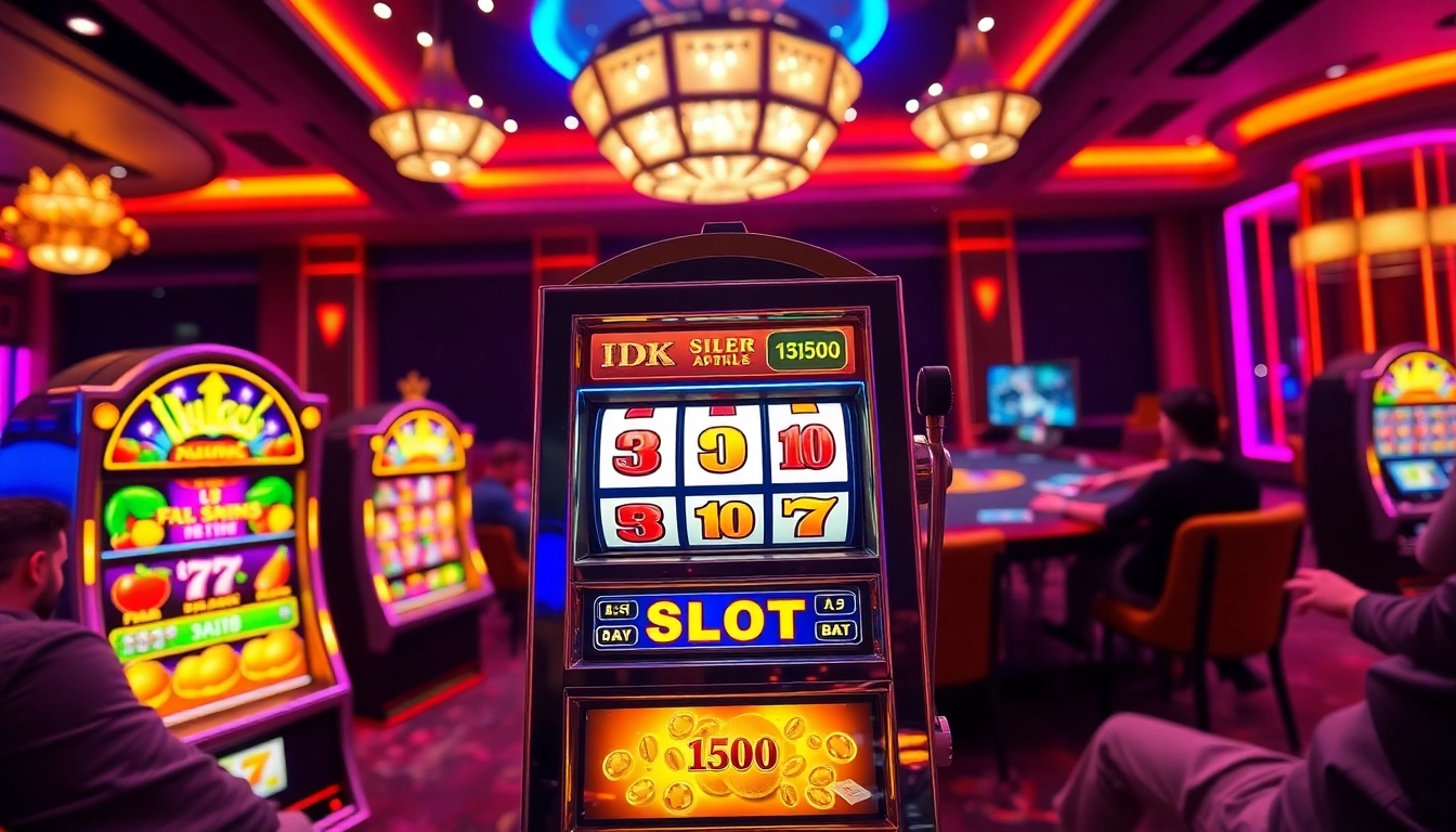 Experience the thrill of IDN Slot with a vibrant casino scene featuring a colorful slot machine and poker table.