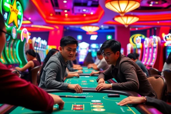 Experience the excitement at a vibrant Singapore Betting Site with players enjoying casino games.