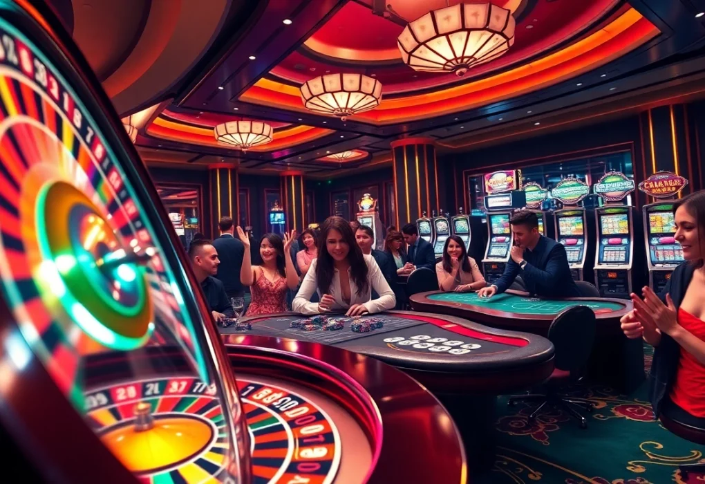 Players enjoying high-stakes gaming at DN 888 casino, showcasing luxurious poker tables and vibrant roulette wheels.