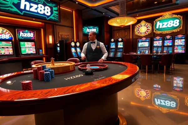Engaging hz88 poker table with chips and dealer facilitating strategic betting action